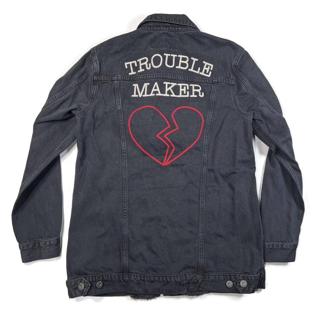 Lucky Brand Denim Jacket Womens Medium Jean Trucker Distressed Trouble Maker NWT